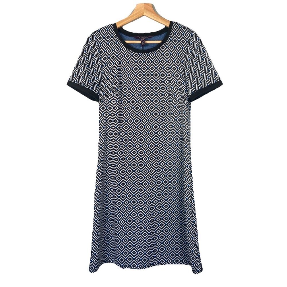 Long‎ Tall Sally Tunic Dress Short Sleeve Blue Black Diamond Jacquard Size 6